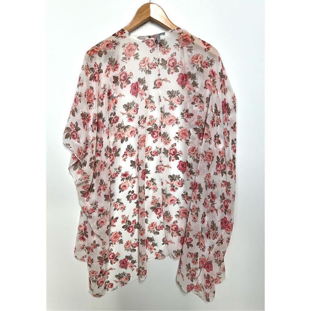Forever 21 Kimono Robe Sheer Flowy Pink White Roses Flowers Boho size M - Picture 2 of 10